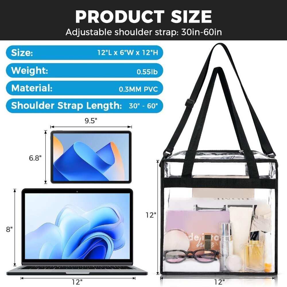 Durable Clear Tote Bag 12x6x12 - Ideal for Events with Adjustable Shoulder Strap - Picture 2 of 7